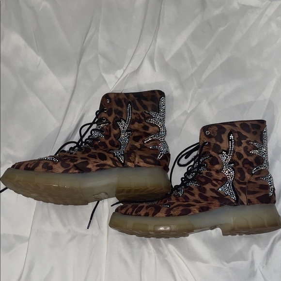 Cape Robbin Shoes - Leopard Print Crystal-Embellished Women's Combat Boots